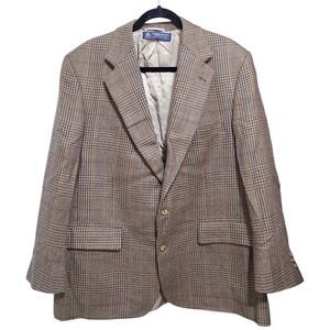 Brooks Brothers Glen Plaid Sport Coat, Size 46 R, Brown/Tan/Navy, VTG 80s 90s